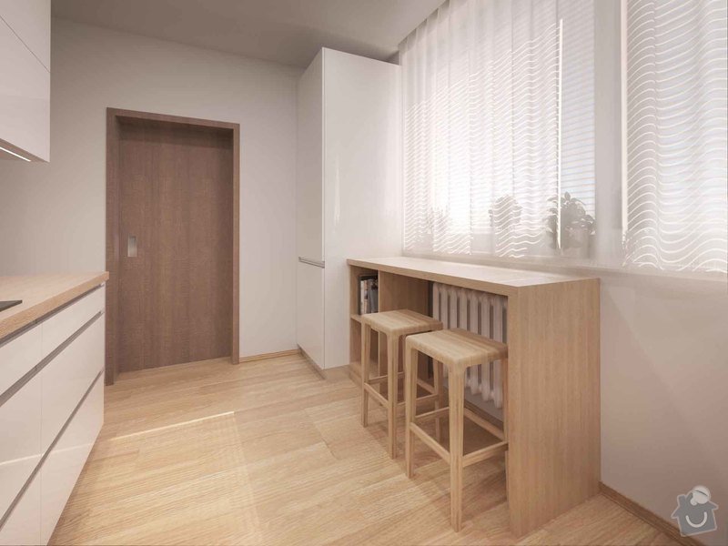 Návrh kompletní rekonstrukce panelákového bytu 3+1: moderni_kuchyn_dreveny_barovy_pult