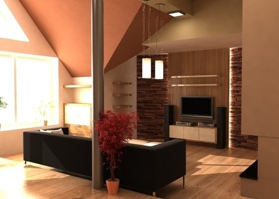 Návrh interieru obývacího pokoje s jídelním koutem a návrh zádveří