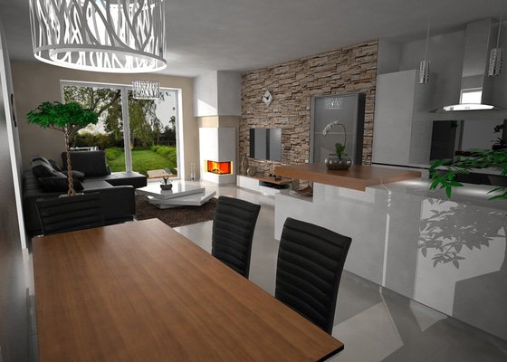 Vizualizace kuchyně s obývacím pokojem