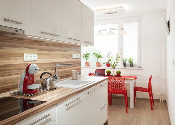 Moderní kuchyň v panelovém domě, minimalistický obývací pokoj a předsíň